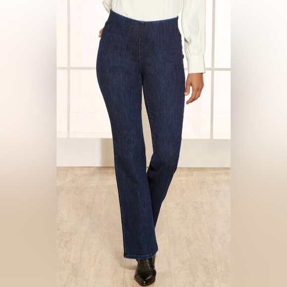 Soft Surroundings The Ultimate Pull-On Bootcut Dark Wash Blue Denim Jeans Large - Picture 1 of 16